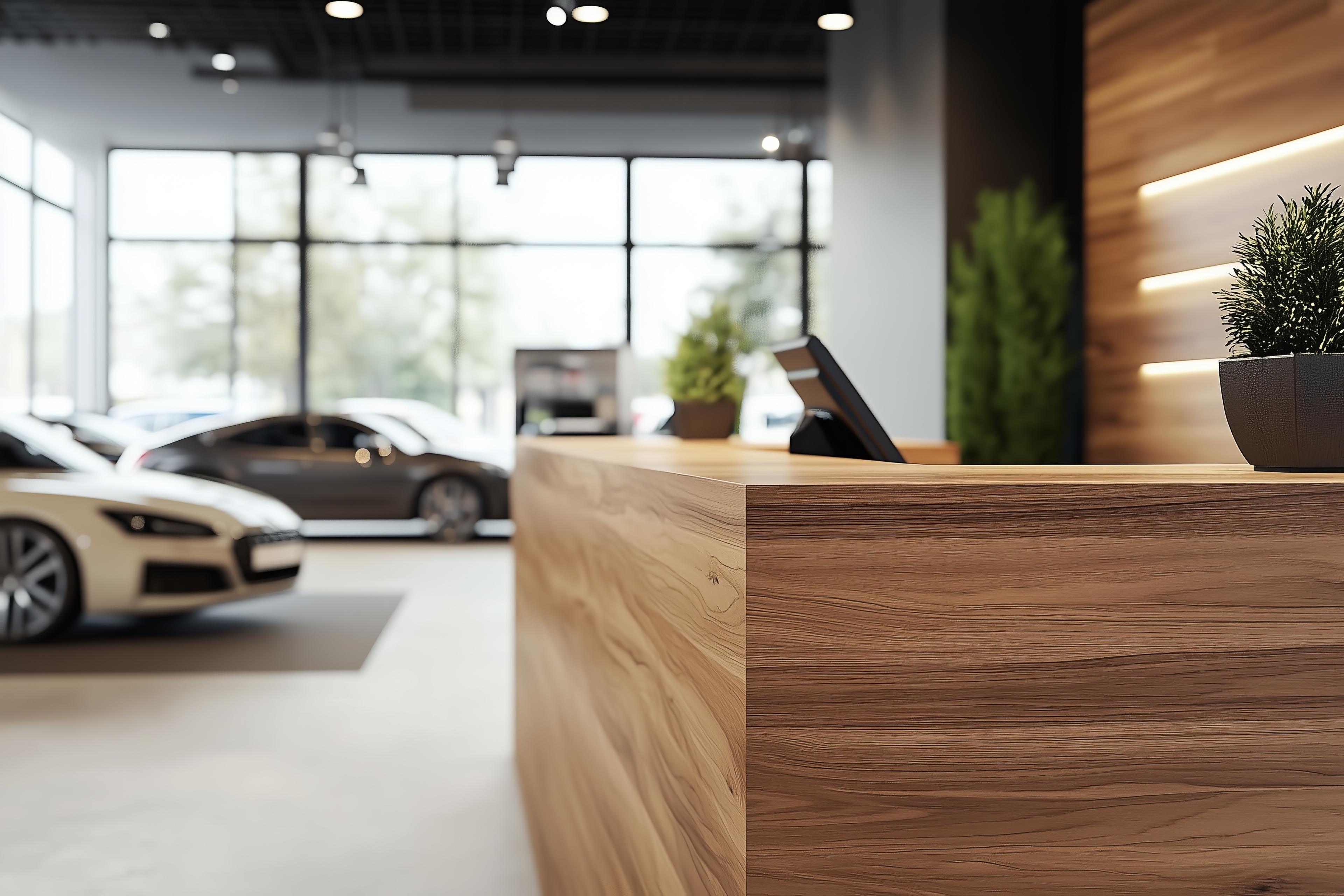 Wooden reception desk with potted plant in modern car showroom, with sleek cars visible through large windows in the background.